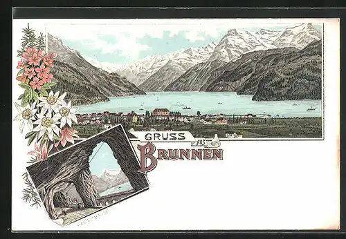 Lithographie Brunnen, Axenstrasse, Totalansicht mit Bergpanorama