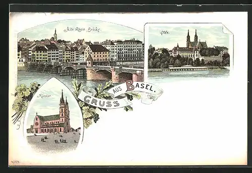 Lithographie Basel, Alte Rhein-Brücke, Münster, Pfalz