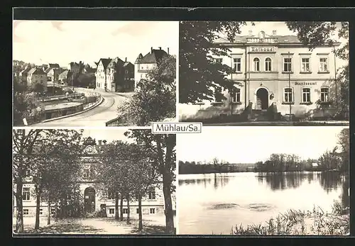 AK Mühlau /Sa., Rathaus, Strassenpartie mit Häusern, See