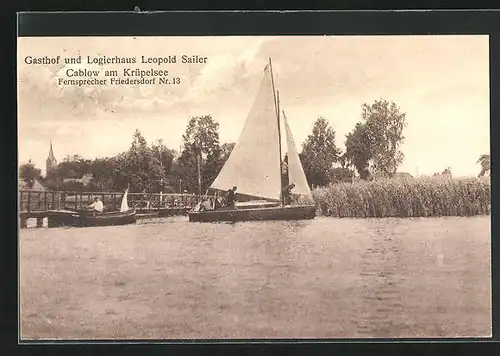 AK Cablow, Gasthof und Logierhaus Leopold Sailer, See mit Segelboot