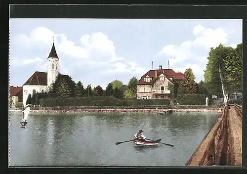 AK St. Alban /Ammersee, Ruderboot auf See mit Kirche am Ufer