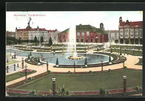 AK Mannheim, Friedrichsplatz mit Springbrunnen