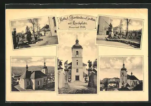 AK Grottau / Hradek Nad Nisou, Kath. Pfarrkirche mit Kirchplatz