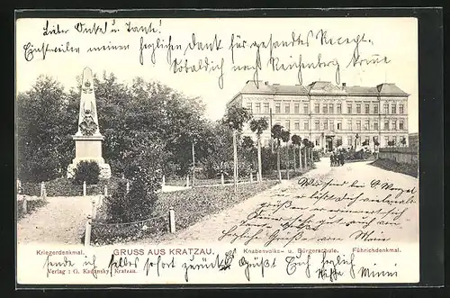AK Kratzau, Knaben- und Bürgerschule, Kriegerdenkmal