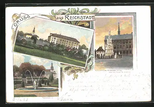 AK Reichstadt, Ansicht des Schlosses, Parkpartie, Schwestern-Kloster