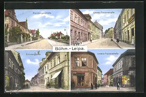 AK Leipa / Ceska Lipa, Rumburgerstrasse, Obere und Untere Frauenstrasse, Sonnengasse