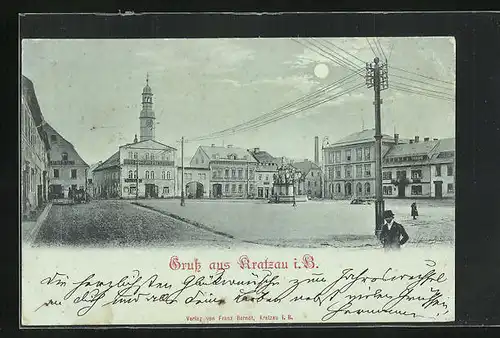 Mondschein-AK Kratzau i. B., Marktplatz mit Gasthof zum Rathaus