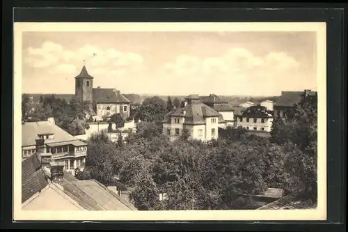 AK Celakovice, Blick auf Häuser im Ort mit Kirche