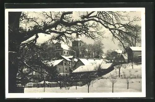 AK Velké Popovice, Blick auf Schneebedekte Häuser