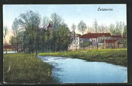 AK Celakovice, Blick auf Häuser am Fluss