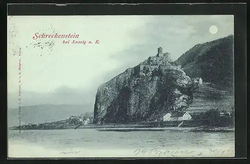 Mondschein-AK Aussig / Usti, Ruine Schreckenstein