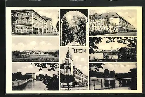 AK Theresienstadt / Terezin, Ortsansicht, Blick von Brücke, grosse Gebäude