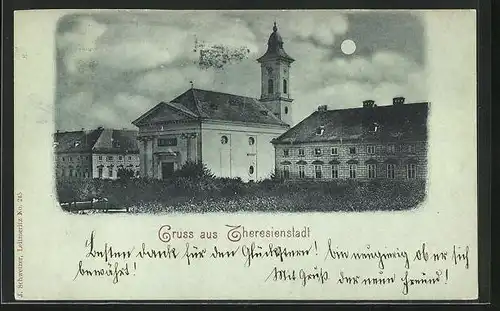 Mondschein-AK Theresienstadt / Terezin, Blick auf Kirche