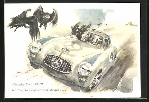 Künstler-AK III. Carrera Panamericana Mexico 1952, Mercedes-Benz 300 SL rast durch eine Gruppe Vögel