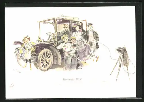 Künstler-AK Familie lässt sich 1904 vor ihrem Mercedes-Automobil fotografieren
