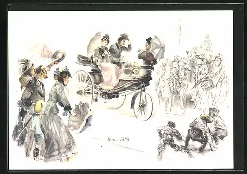 Künstler-AK Frühes Benz-Automobil von 1888 ist die Sensation auf den Strassen