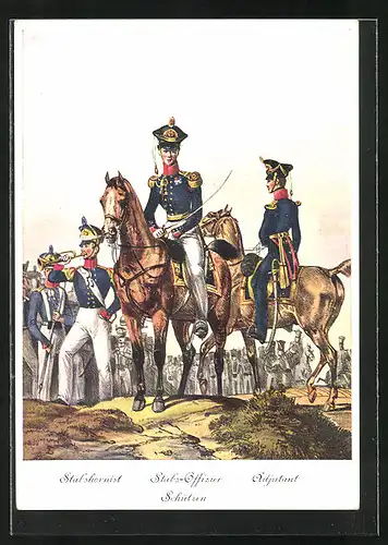 AK 125. Jubiläum der Oldenburgischen Infanterie, Regiments-Uniformen, Stabshornist, Stabs-Offizier, Adjutant