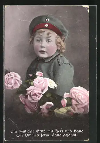 AK Kleiner Soldat mit Rosen, Kinder Kriegspropaganda