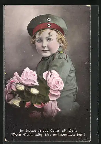AK Kleiner Soldat mit Rosen, Kinder Kriegspropaganda