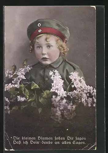 AK Kleiner Soldat mit Blumen, Kinder Kriegspropaganda