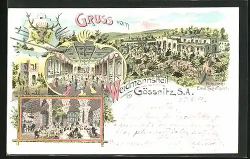 Lithographie Gössnitz /S.A., Gasthaus Weidmannsheil, Innen- und Aussenansicht