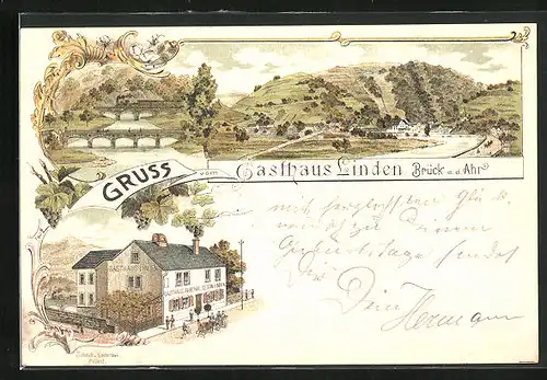 Lithographie Brück a. d. Ahr, Gasthaus Linden, Ortsansicht, Brücken