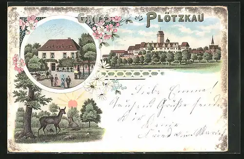 Lithographie Plötzkau, Gasthaus, Blick zur Stadt, Rehe im Wald