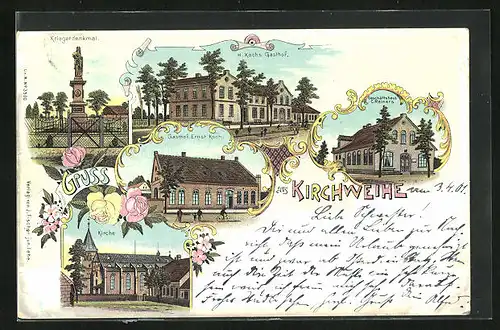 Lithographie Kirchweihe, H. Kochs Gasthof, Ernst Kochs Gasthaus, Geschäftshaus Reiners