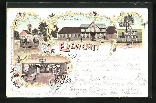 Lithographie Edewecht, Gasthof von E. Mügge, Kriegerdenkmal