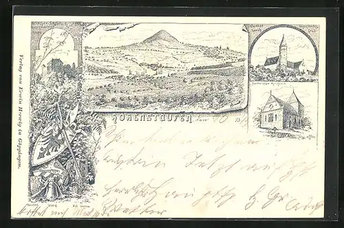 Vorläufer-Lithographie Göppingen, 1895, Hohenstaufen, Kloster Lorch, Barbarossa-Kirchlein
