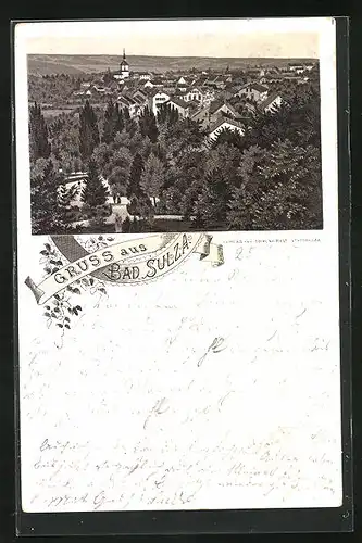 Vorläufer-Lithographie Bad Sulza, 1895, Ortsansicht aus der Vogelschau