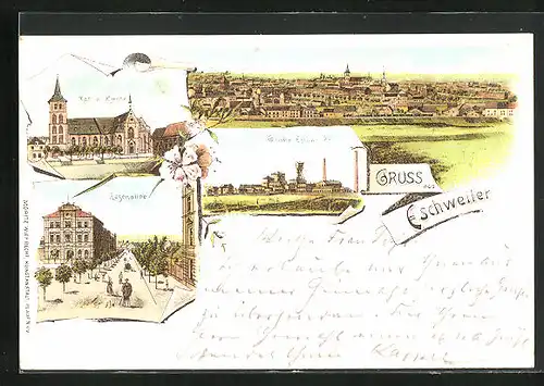 Lithographie Eschweiler, Strasse Rosenallee, Grube, Kathol. Kirche
