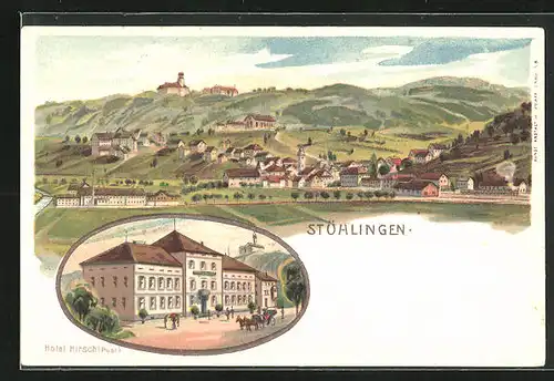 Lithographie Stühlingen, Hotel Hirsch, Totalansicht