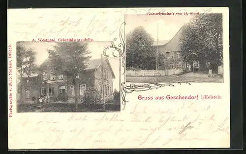 AK Geschendorf, Gasthaus v. H. Studt, Colonialwarenhdlg. A. Westphal