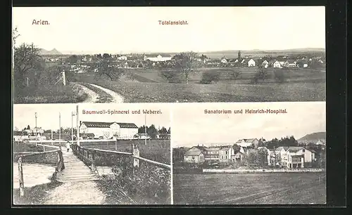 AK Arlen, Totalansicht, Baumwoll-Spinnerei und Weberei, Sanatorium und Heinrich-Hospital