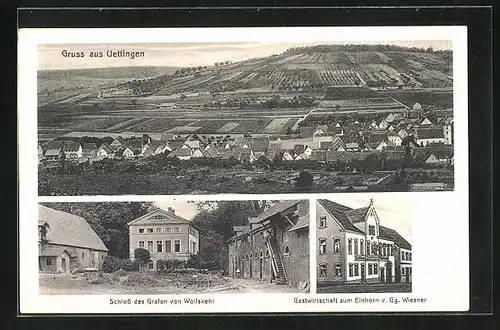 AK Uettingen, Gasthaus zum Einhorn von Gg. Wiesner, Schloss des Grafen von Wolfskehl