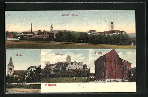 AK Plötzkau, Gesamtansicht, Kirche, Schloss, Schule