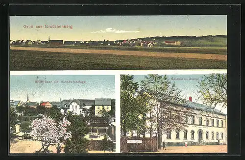 AK Grosssteinberg, Gasthof mit Garten, Blick über die Bahnhofsanlage