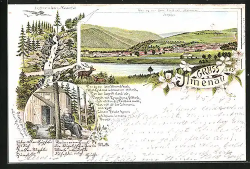 Lithographie Ilmenau, Das finstere Loch mit Wasserfall, Goethe als Greis auf dem Kickelhahn