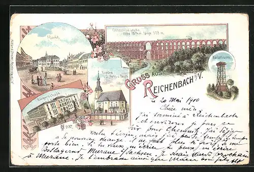 Lithographie Reichenbach i. V., Bürgerschule, Karlsthurm, Goltzschthalbrücke
