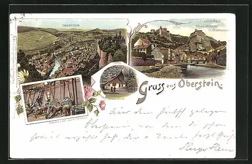 Lithographie Oberstein, Neues Schloss und Felsenkirche, Fuhrs Hütte, Inneres einer Achatschleife