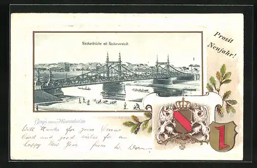 Passepartout-Lithographie Mannheim, Neckarbrücke mit Neckarvorstadt, Wappen