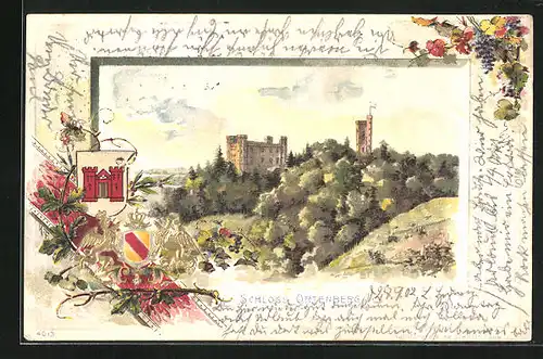 Passepartout-Lithographie Ortenberg, Schloss mit Turm, Wappen