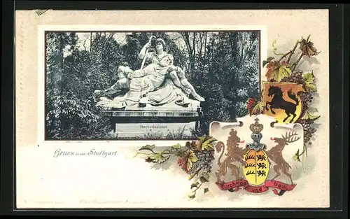 Passepartout-Lithographie Stuttgart, Eberhardsgruppe Denkmal, Wappen