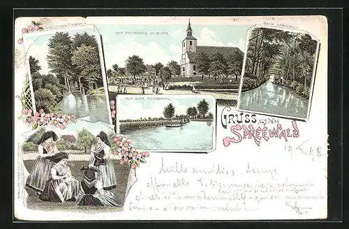 Lithographie Burg / Spreewald, Auf dem Strenkel, Kirchgang, Frauen in Tracht