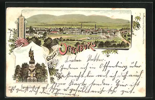 Lithographie Offenburg, Kriegerdenkmal und Totalansicht
