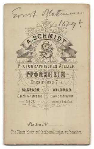 Fotografie A. Schmidt, Pforzheim, Enzstrasse 7 1 /2, Adretter Bursche im Anzug