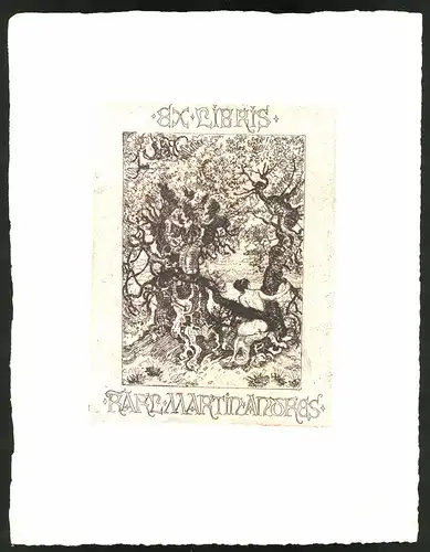 Exlibris Karl Martin Andres, nackte Frau sitzt im Wald umschlungen von dicken Ästen