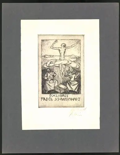 Exlibris von Richard Klein, Fredl Schweighart, zwei Männer mit Waage und Geldsack, nackter Mann steigt zum Himmel auf
