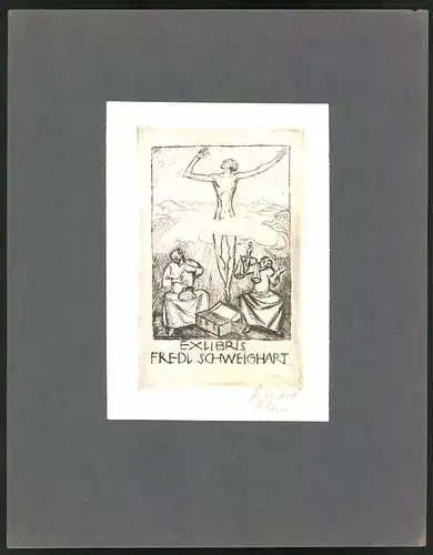 Exlibris von Richard Klein, Fredl Schweighart, nackter Mann steigt zum Himmel auf, geizige Männer am boden